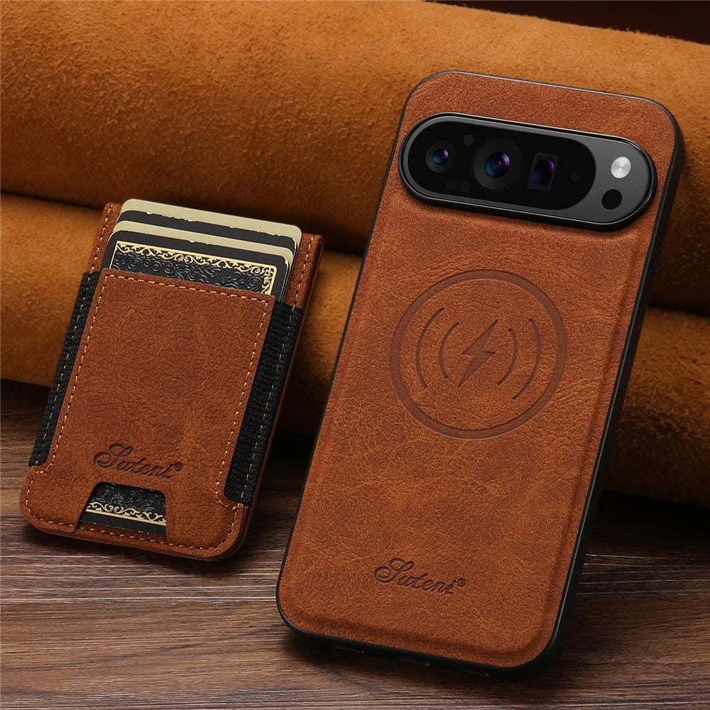 SUTENI H17 For Google Pixel 9 Pro XL Magnetic Case Card Slots Leather + TPU Kickstand Phone Cover - Khaki - 6