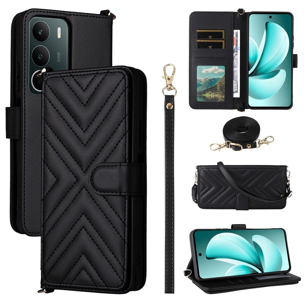 For Realme C71 4G Case with Shoulder  /  Wrist Strap Leather Phone Cover Stand Wallet - Black - 1