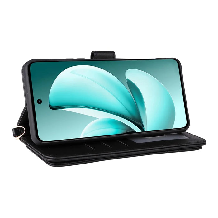 For Realme C71 4G Case with Shoulder  /  Wrist Strap Leather Phone Cover Stand Wallet - Black - 3