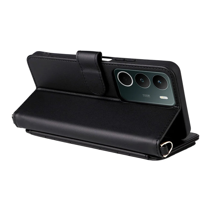 For Realme C71 4G Case with Shoulder  /  Wrist Strap Leather Phone Cover Stand Wallet - Black - 4