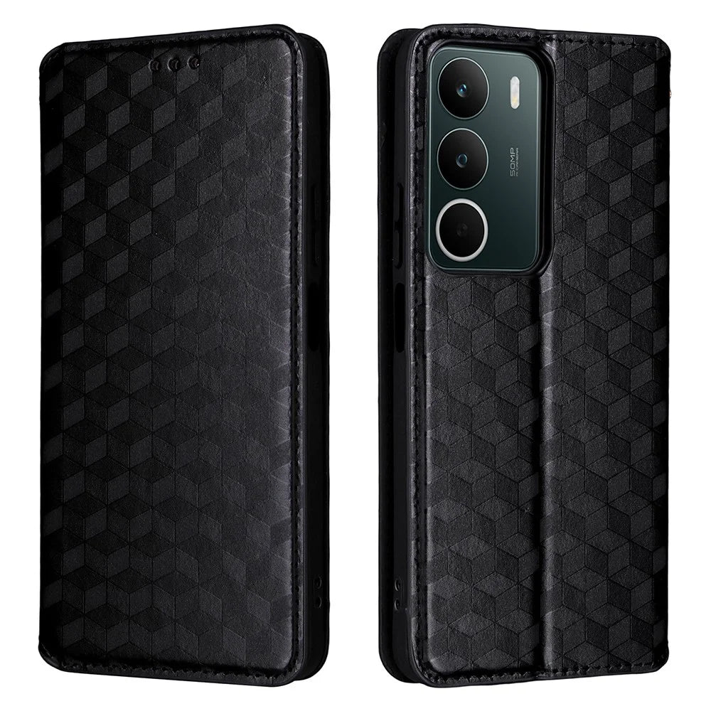 For Realme C71 4G Case Wallet Rhombus Imprinted Leather Phone Cover - Black - 1