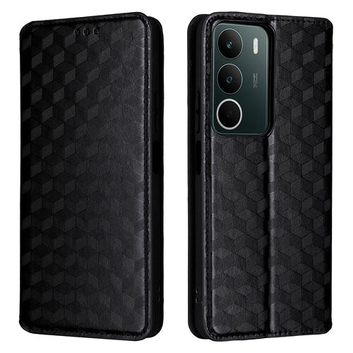 For Realme C71 4G Case Wallet Rhombus Imprinted Leather Phone Cover - Black - 1