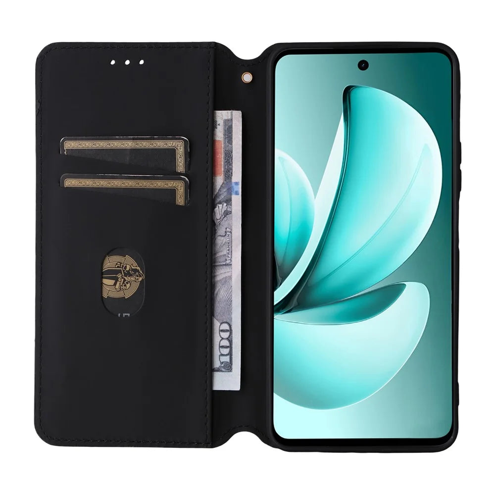 For Realme C71 4G Case Wallet Rhombus Imprinted Leather Phone Cover - Black - 2