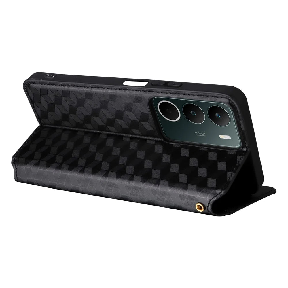 For Realme C71 4G Case Wallet Rhombus Imprinted Leather Phone Cover - Black - 4