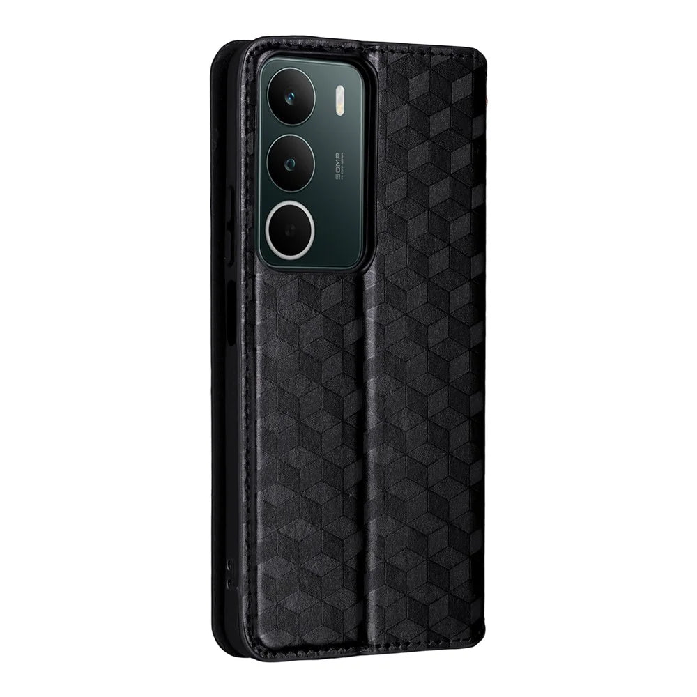 For Realme C71 4G Case Wallet Rhombus Imprinted Leather Phone Cover - Black - 6