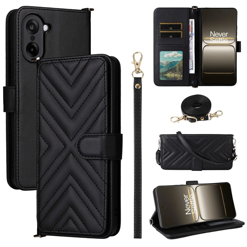 For OnePlus Nord CE5 5G / Ace 5 Racing 5G Case with Shoulder  /  Wrist Strap Leather Phone Cover Stand Wallet - Black - 1