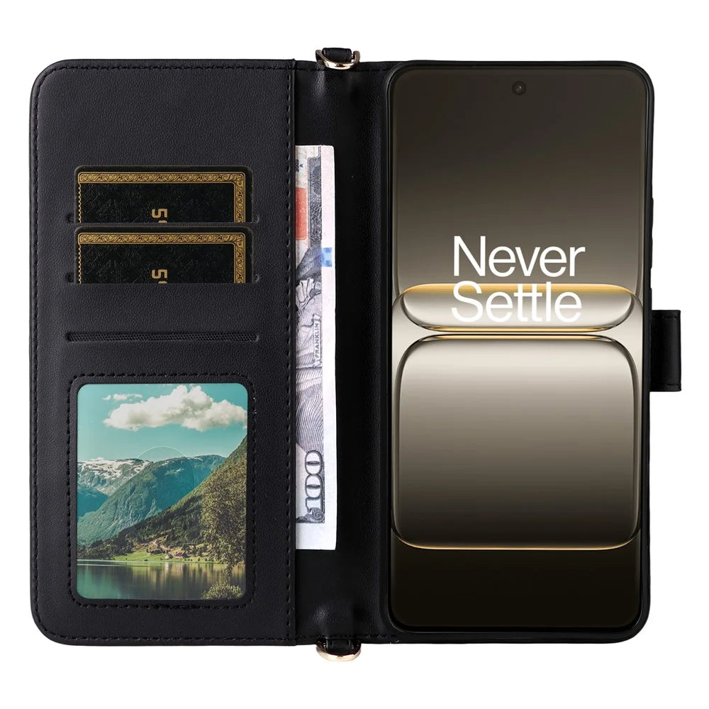 For OnePlus Nord CE5 5G / Ace 5 Racing 5G Case with Shoulder  /  Wrist Strap Leather Phone Cover Stand Wallet - Black - 2
