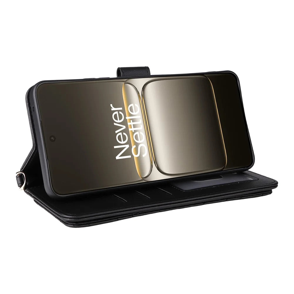 For OnePlus Nord CE5 5G / Ace 5 Racing 5G Case with Shoulder  /  Wrist Strap Leather Phone Cover Stand Wallet - Black - 3