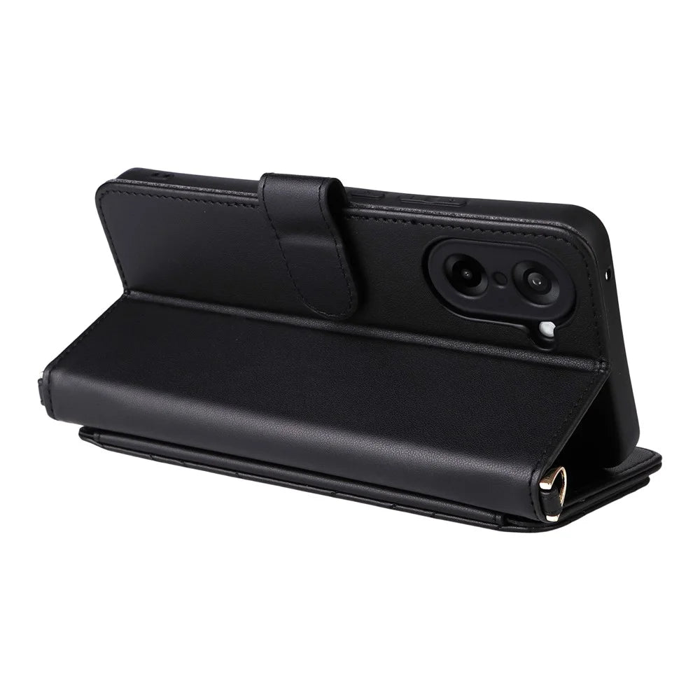 For OnePlus Nord CE5 5G / Ace 5 Racing 5G Case with Shoulder  /  Wrist Strap Leather Phone Cover Stand Wallet - Black - 4