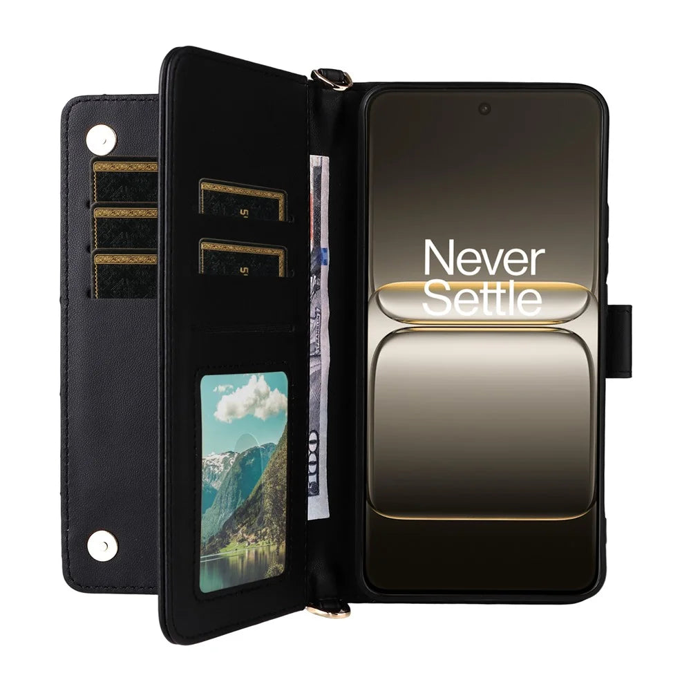 For OnePlus Nord CE5 5G / Ace 5 Racing 5G Case with Shoulder  /  Wrist Strap Leather Phone Cover Stand Wallet - Black - 5