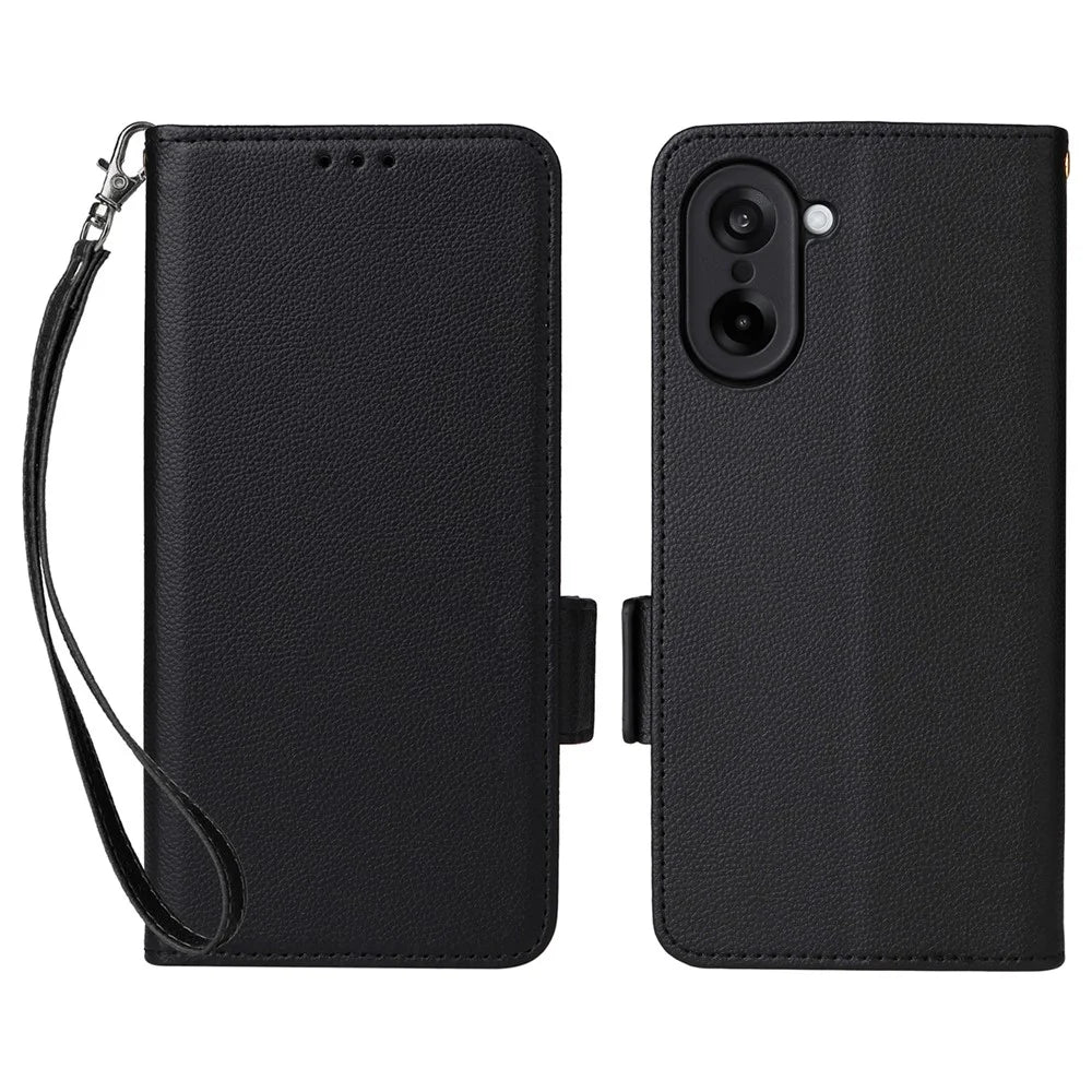 For OnePlus Nord CE5 5G / Ace 5 Racing 5G Case with Wrist Strap Litchi Texture PU Leather Wallet Phone Cover - Black - 1