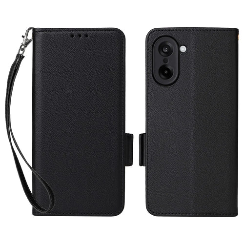 For OnePlus Nord CE5 5G / Ace 5 Racing 5G Case with Wrist Strap Litchi Texture PU Leather Wallet Phone Cover - Black - 1
