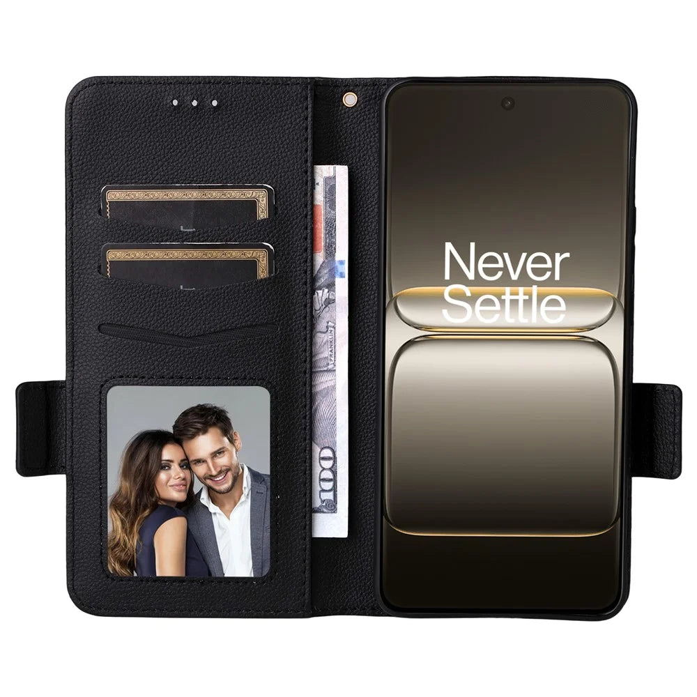 For OnePlus Nord CE5 5G / Ace 5 Racing 5G Case with Wrist Strap Litchi Texture PU Leather Wallet Phone Cover - Black - 2