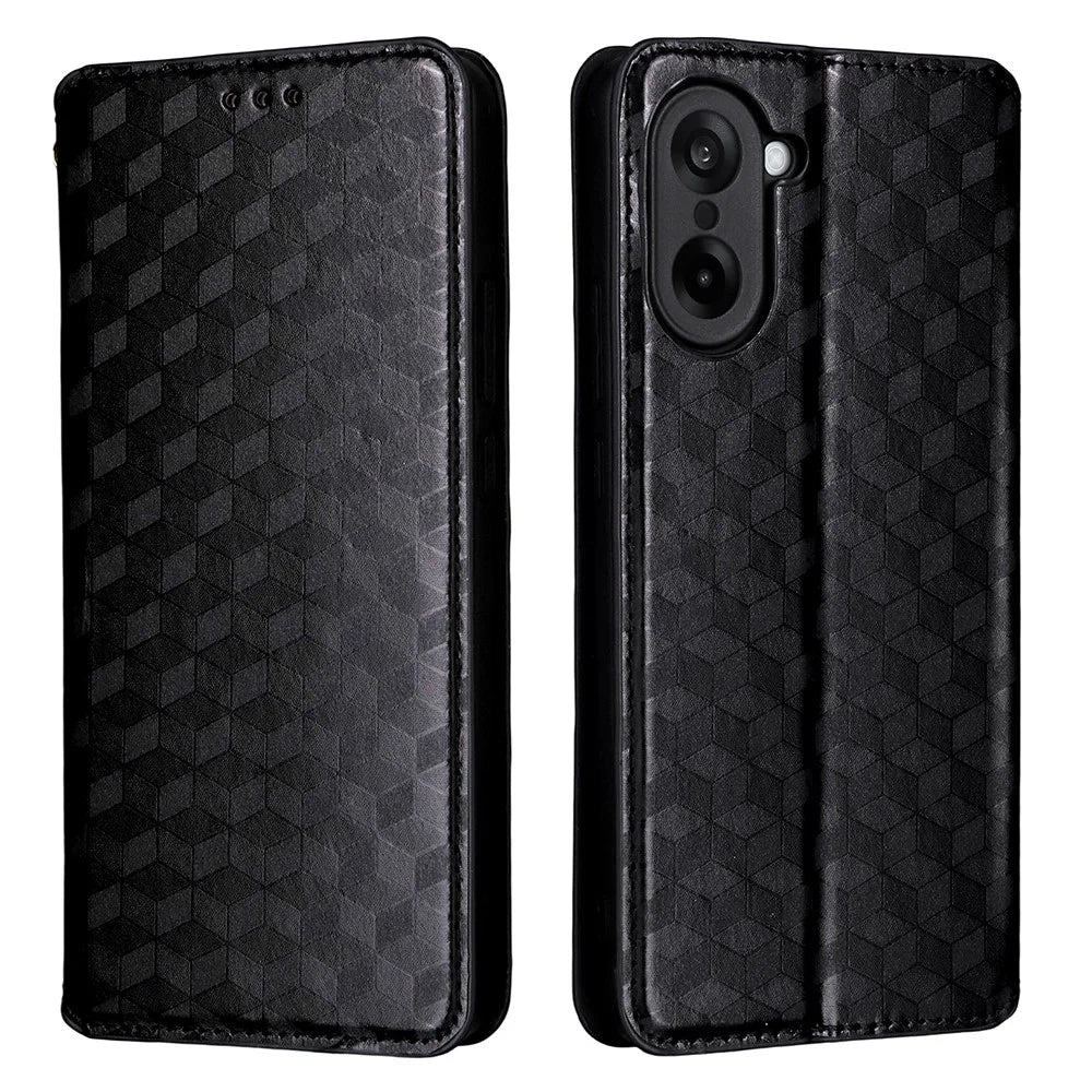 For OnePlus Nord CE5 5G / Ace 5 Racing 5G Case Wallet Rhombus Imprinted Leather Phone Cover - Black - 1