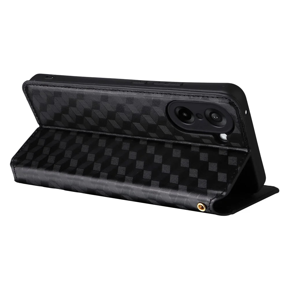 For OnePlus Nord CE5 5G / Ace 5 Racing 5G Case Wallet Rhombus Imprinted Leather Phone Cover - Black - 4