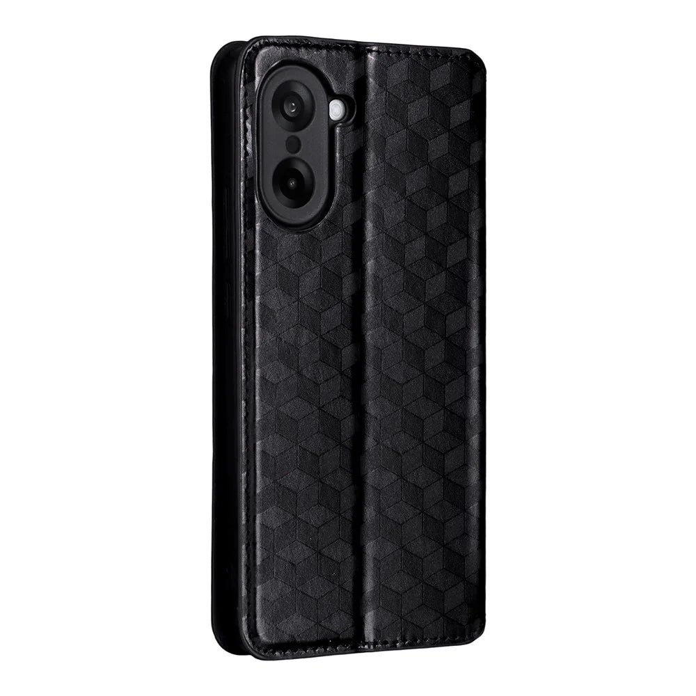 For OnePlus Nord CE5 5G / Ace 5 Racing 5G Case Wallet Rhombus Imprinted Leather Phone Cover - Black - 6