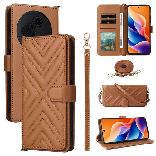 For TCL 605 4G / 60 SE Case with Shoulder  /  Wrist Strap Leather Phone Cover Stand Wallet - Brown - 1