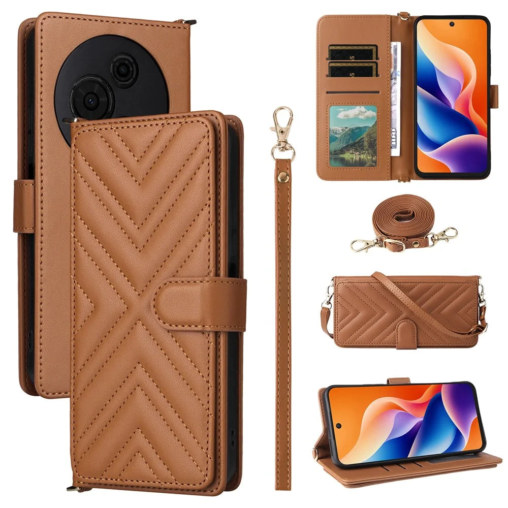 For TCL 605 4G / 60 SE Case with Shoulder  /  Wrist Strap Leather Phone Cover Stand Wallet - Brown - 1