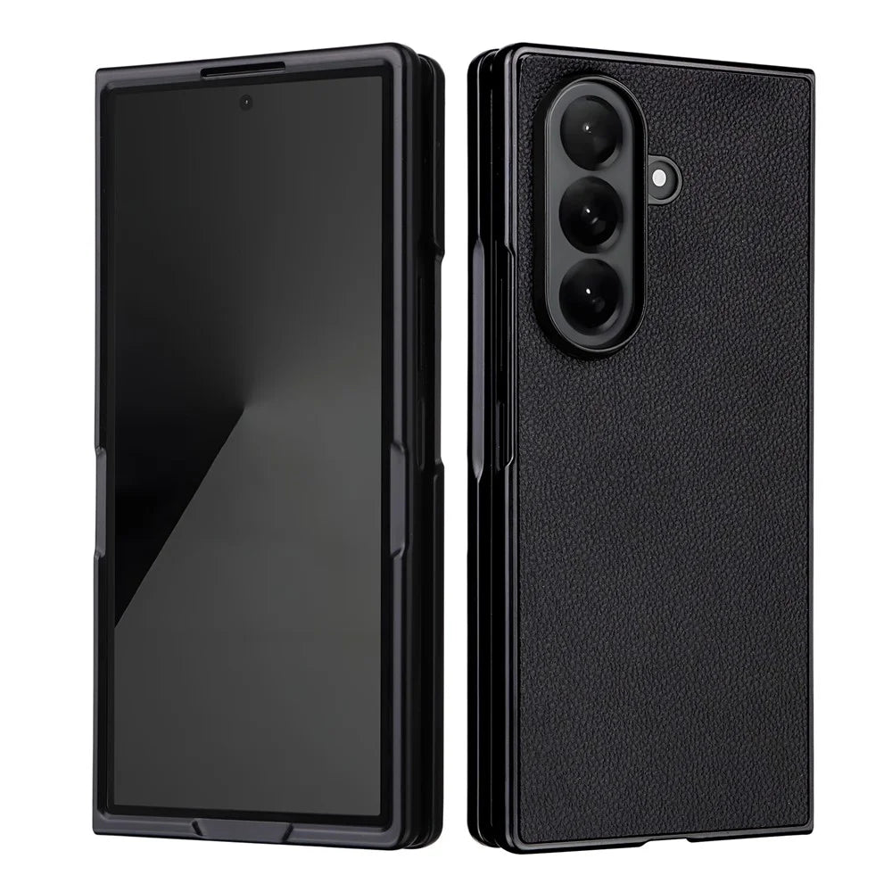 For Samsung Galaxy Z Fold7 5G Case Litchi Texture Leather + Hard PC Phone Cover - Black - 1