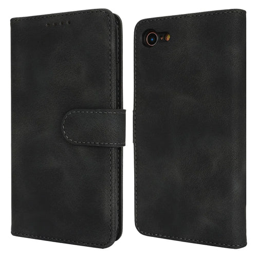 Wallet Case for iPhone SE (2022) / (2020) / 8 / 7 Double Folded Edge Skin Touch PU Leather Flip Phone Cover - Black - 1