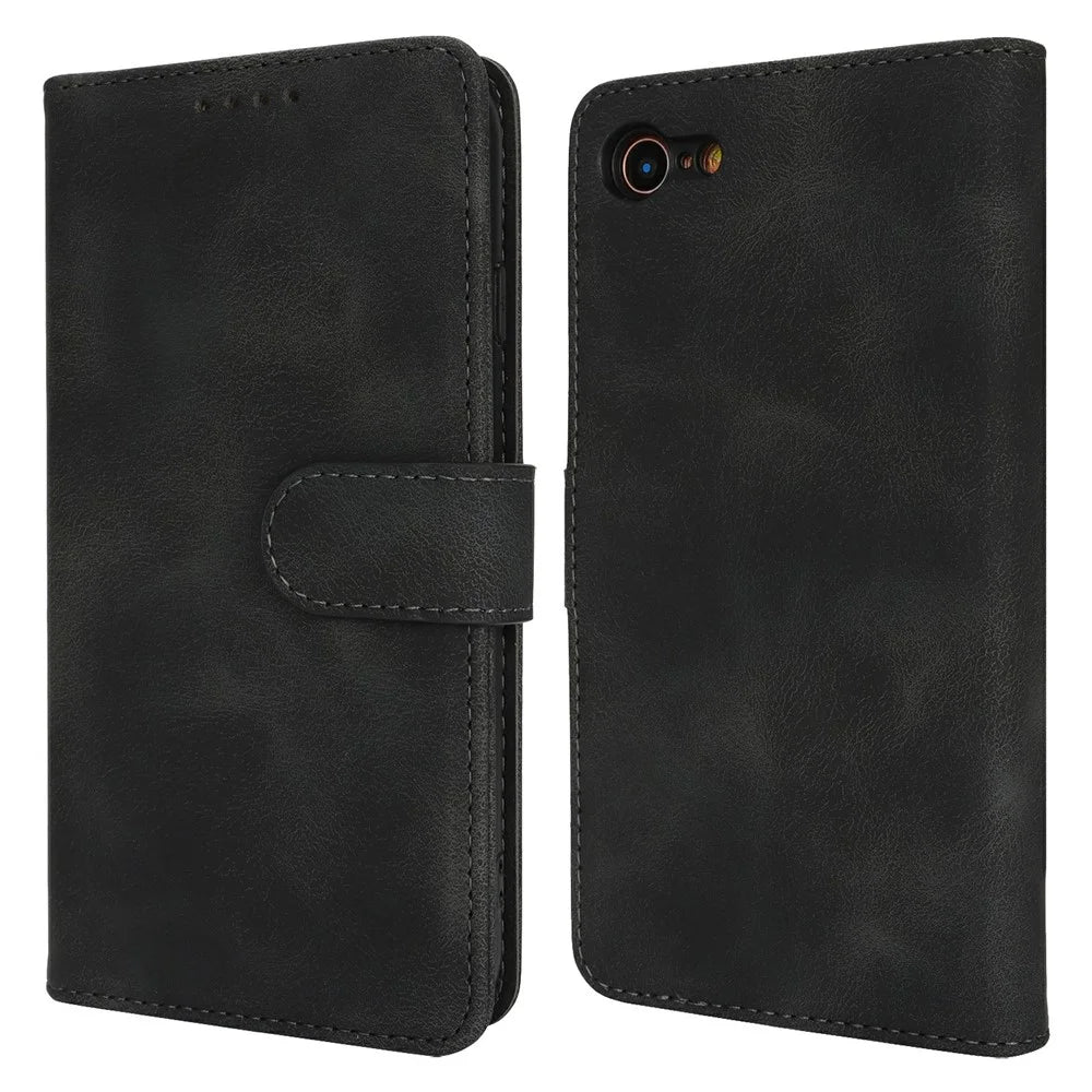 Wallet Case for iPhone SE (2022) / (2020) / 8 / 7 Double Folded Edge Skin Touch PU Leather Flip Phone Cover - Black - 1