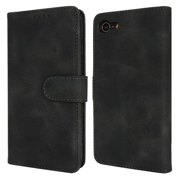 Wallet Case for iPhone SE (2022) / (2020) / 8 / 7 Double Folded Edge Skin Touch PU Leather Flip Phone Cover - Black - 1