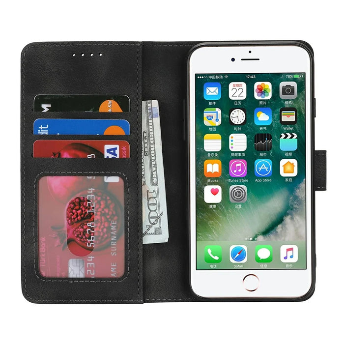 Wallet Case for iPhone SE (2022) / (2020) / 8 / 7 Double Folded Edge Skin Touch PU Leather Flip Phone Cover - Black - 2