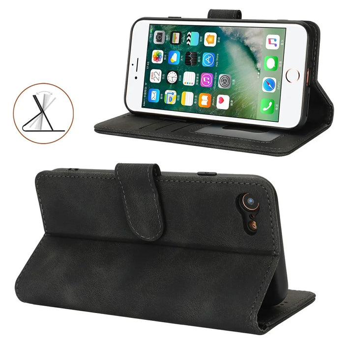 Wallet Case for iPhone SE (2022) / (2020) / 8 / 7 Double Folded Edge Skin Touch PU Leather Flip Phone Cover - Black - 3