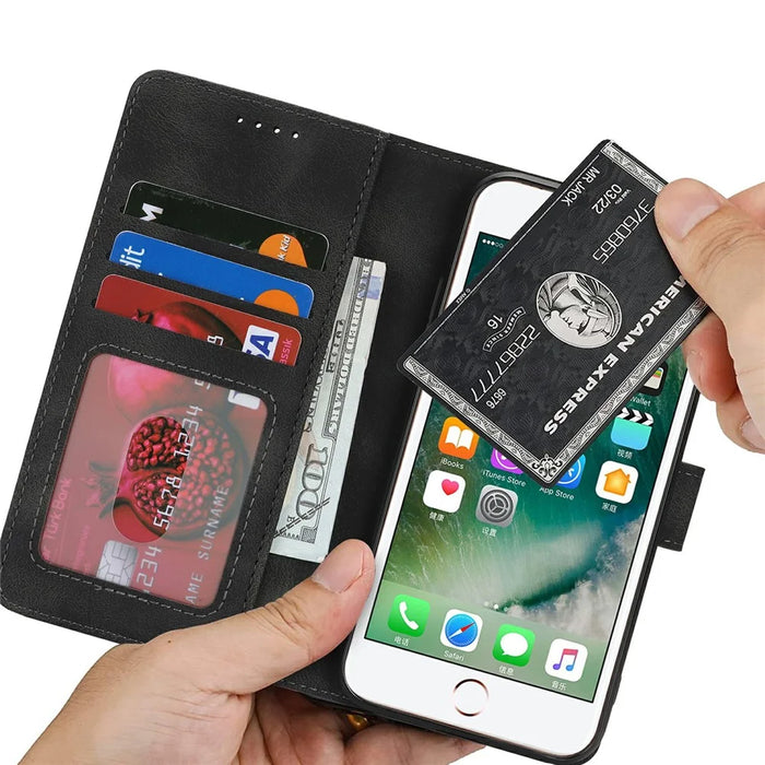 Wallet Case for iPhone SE (2022) / (2020) / 8 / 7 Double Folded Edge Skin Touch PU Leather Flip Phone Cover - Black - 4