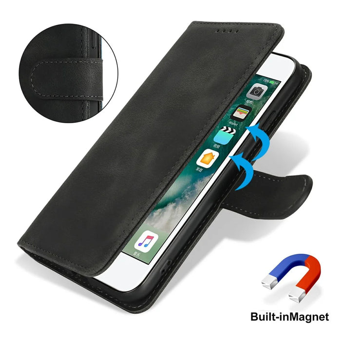 Wallet Case for iPhone SE (2022) / (2020) / 8 / 7 Double Folded Edge Skin Touch PU Leather Flip Phone Cover - Black - 5