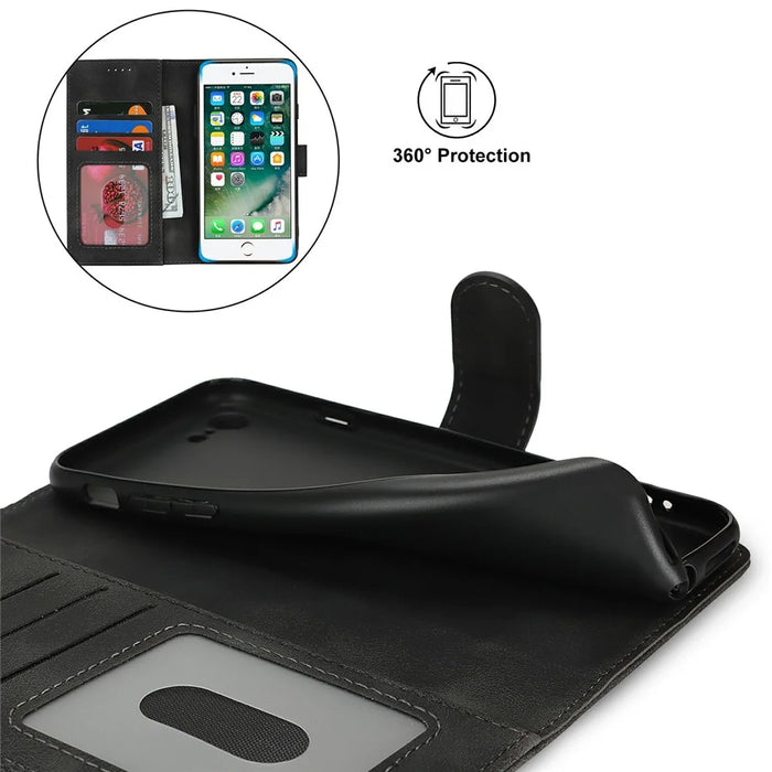 Wallet Case for iPhone SE (2022) / (2020) / 8 / 7 Double Folded Edge Skin Touch PU Leather Flip Phone Cover - Black - 6