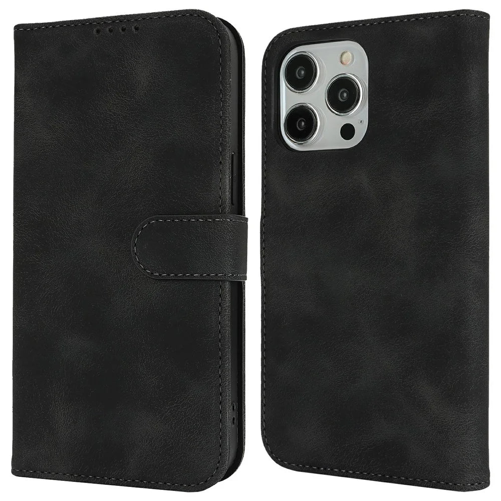 For iPhone 13 Pro Wallet Case Double Folded Edge Skin Touch PU Leather Flip Phone Cover - Black - 1