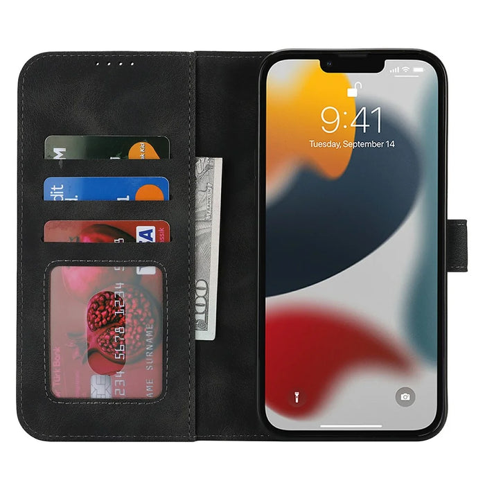 For iPhone 13 Pro Wallet Case Double Folded Edge Skin Touch PU Leather Flip Phone Cover - Black - 2