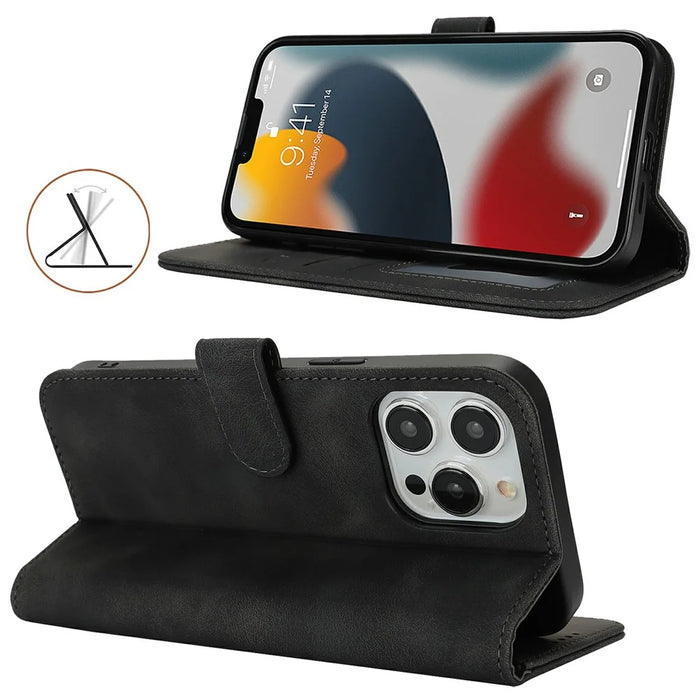 For iPhone 13 Pro Wallet Case Double Folded Edge Skin Touch PU Leather Flip Phone Cover - Black - 3