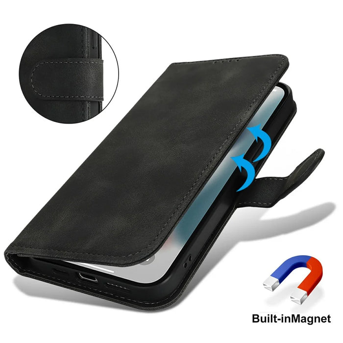 For iPhone 13 Pro Wallet Case Double Folded Edge Skin Touch PU Leather Flip Phone Cover - Black - 5