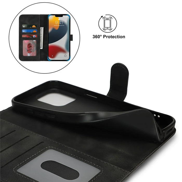 For iPhone 13 Pro Wallet Case Double Folded Edge Skin Touch PU Leather Flip Phone Cover - Black - 6