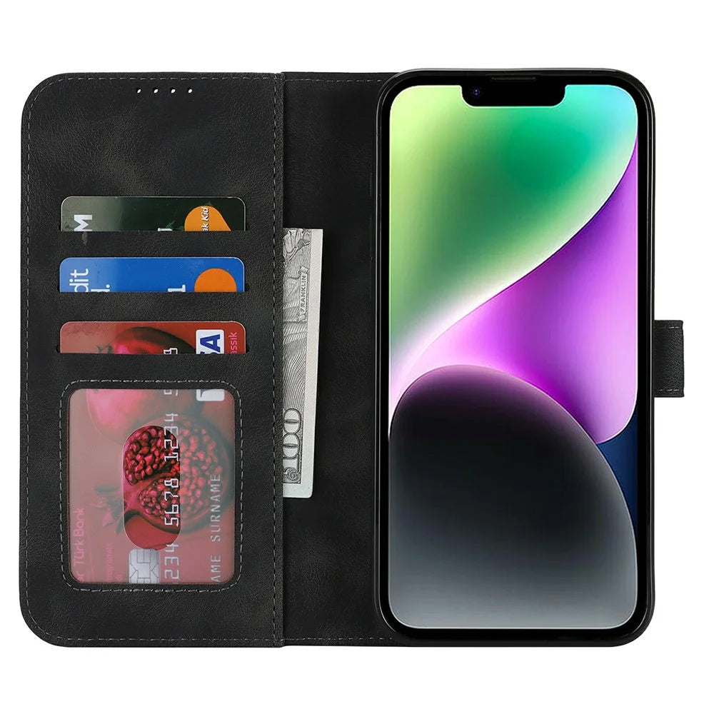 For iPhone 14 / 13 Wallet Case Double Folded Edge Skin Touch PU Leather Flip Phone Cover - Black - 2