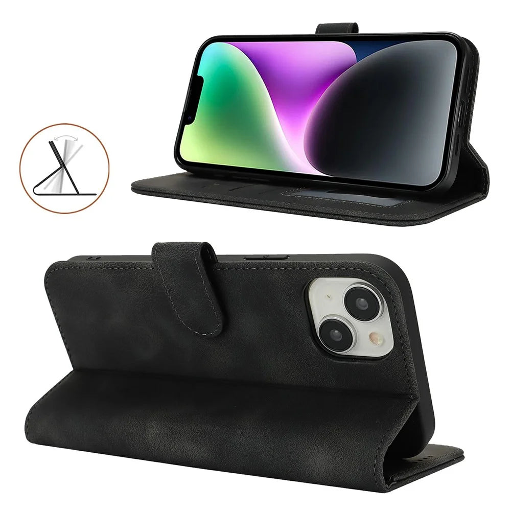 For iPhone 14 / 13 Wallet Case Double Folded Edge Skin Touch PU Leather Flip Phone Cover - Black - 3