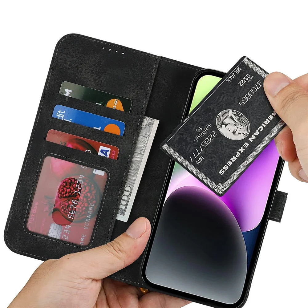 For iPhone 14 / 13 Wallet Case Double Folded Edge Skin Touch PU Leather Flip Phone Cover - Black - 4