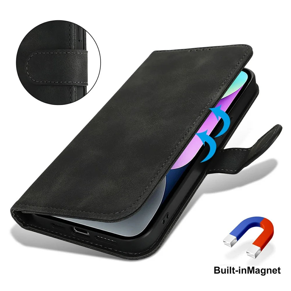 For iPhone 14 / 13 Wallet Case Double Folded Edge Skin Touch PU Leather Flip Phone Cover - Black - 5
