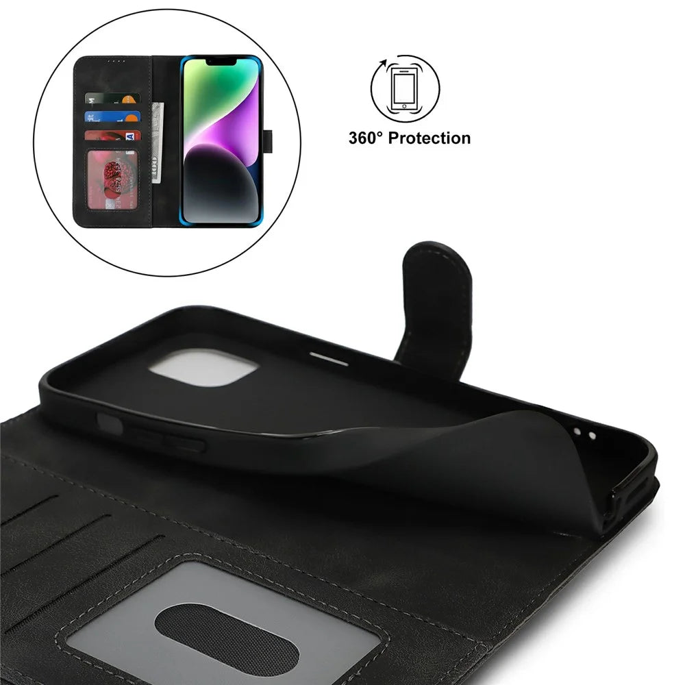 For iPhone 14 / 13 Wallet Case Double Folded Edge Skin Touch PU Leather Flip Phone Cover - Black - 6