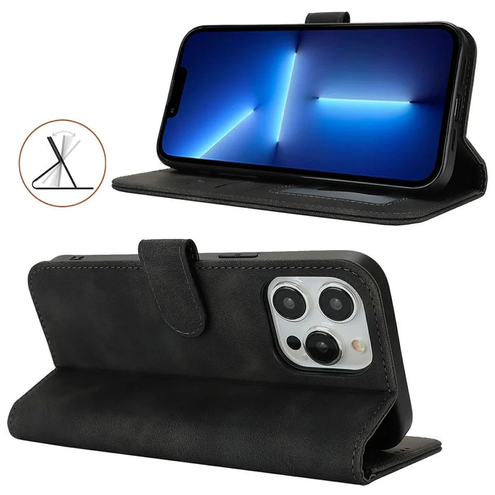 Wallet Case for iPhone 13 Pro Max / 12 Pro Max Double Folded Edge Skin Touch PU Leather Flip Phone Cover - Black - 3