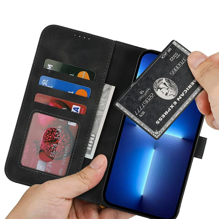 Wallet Case for iPhone 13 Pro Max / 12 Pro Max Double Folded Edge Skin Touch PU Leather Flip Phone Cover - Black - 4
