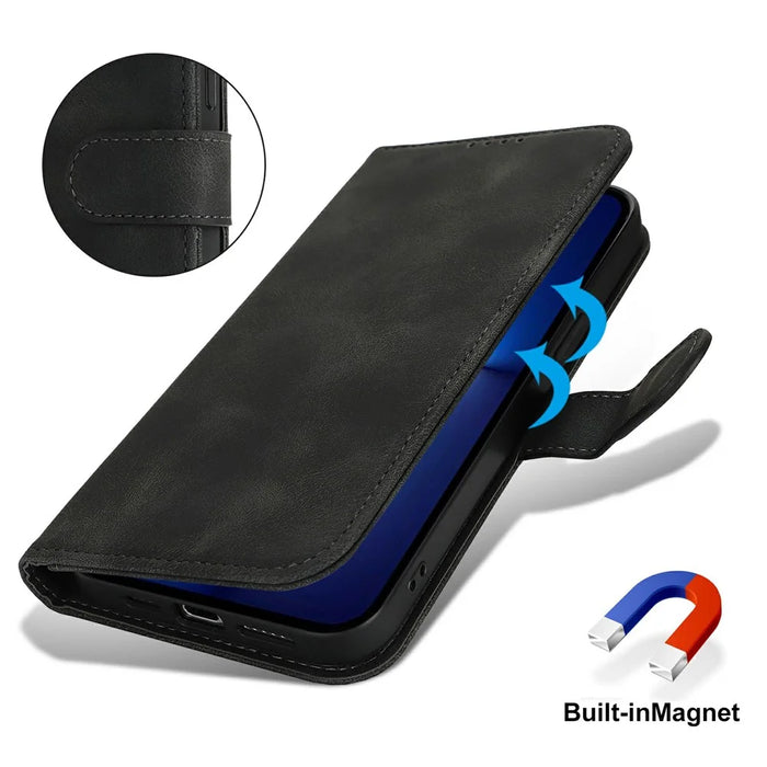 Wallet Case for iPhone 13 Pro Max / 12 Pro Max Double Folded Edge Skin Touch PU Leather Flip Phone Cover - Black - 5