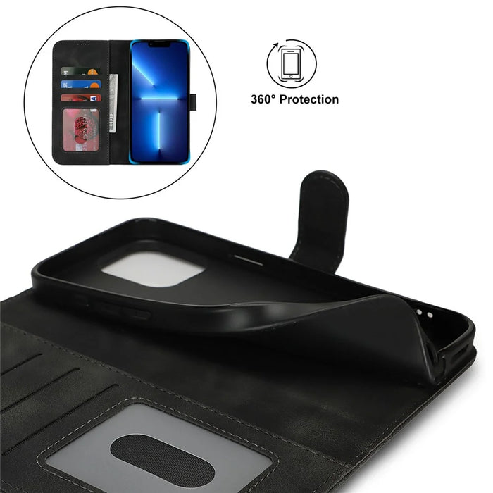 Wallet Case for iPhone 13 Pro Max / 12 Pro Max Double Folded Edge Skin Touch PU Leather Flip Phone Cover - Black - 6