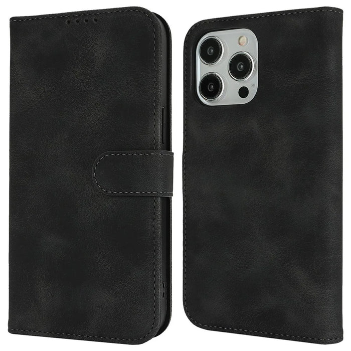 For iPhone 14 Pro Max Wallet Case Double Folded Edge Skin Touch PU Leather Flip Phone Cover - Black - 1