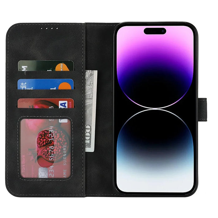 For iPhone 14 Pro Max Wallet Case Double Folded Edge Skin Touch PU Leather Flip Phone Cover - Black - 2