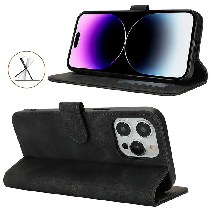 For iPhone 14 Pro Max Wallet Case Double Folded Edge Skin Touch PU Leather Flip Phone Cover - Black - 3