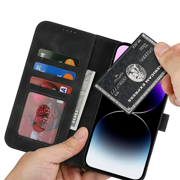 For iPhone 14 Pro Max Wallet Case Double Folded Edge Skin Touch PU Leather Flip Phone Cover - Black - 4