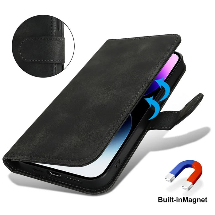 For iPhone 14 Pro Max Wallet Case Double Folded Edge Skin Touch PU Leather Flip Phone Cover - Black - 5